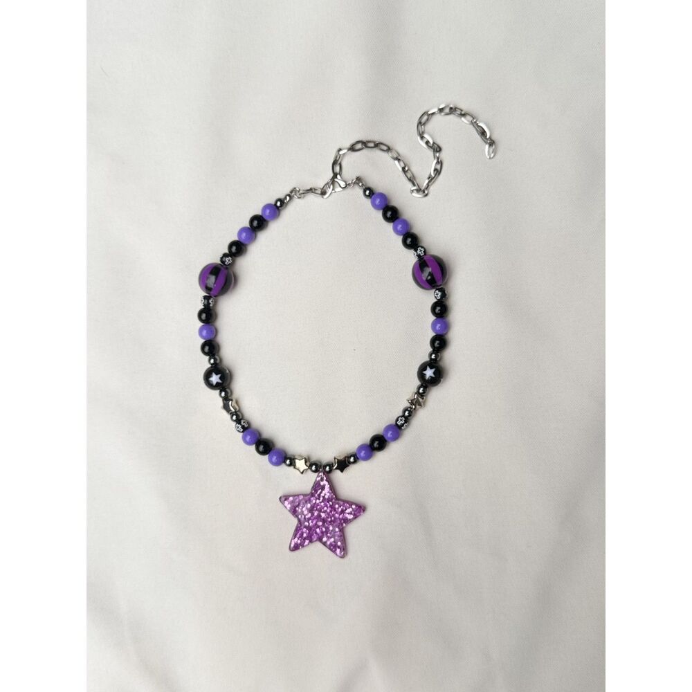 Y2K Purple Black Beaded Necklace Glitter Star Pendant Emo Celestial